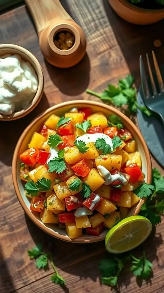 Colorful bowl of Poblano Mexican Potato Salad topped with sour cream and fresh cilantro.