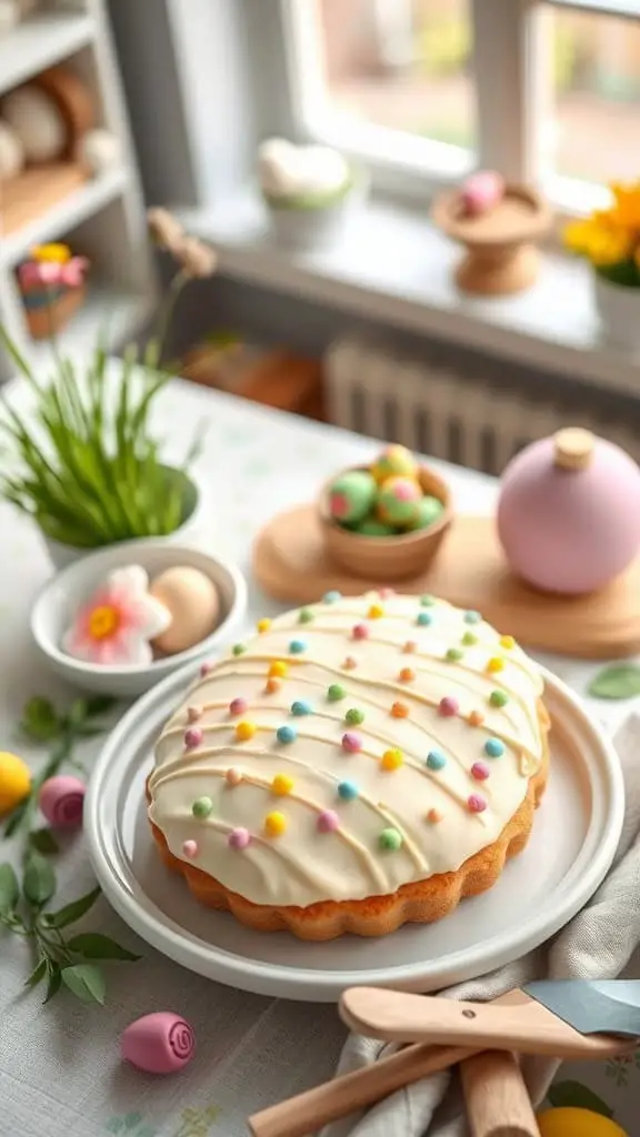 A beautifully decorated egg-shaped cookie cake with pastel icing and polka dot sprinkles, perfect for Easter celebrations.