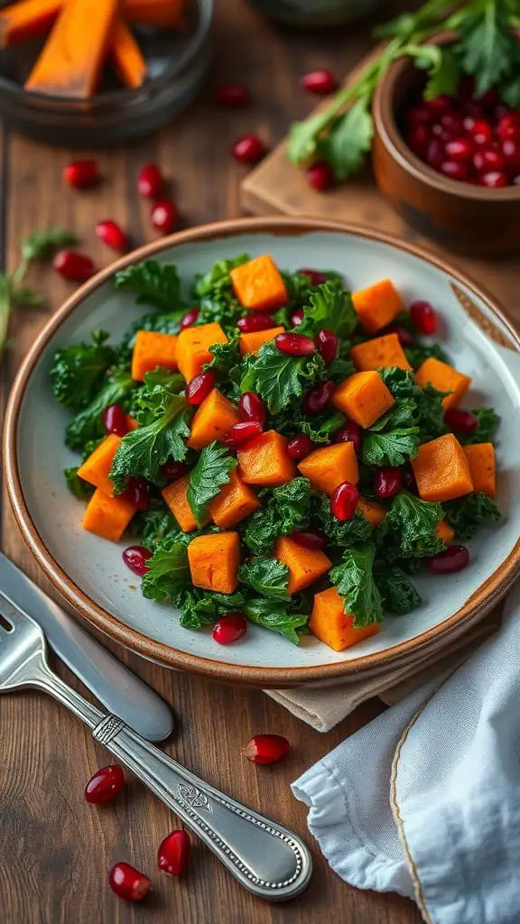 A vibrant salad featuring kale, roasted sweet potatoes, and pomegranate seeds