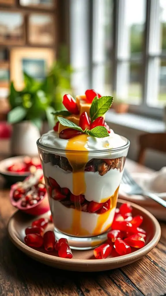 A delicious pomegranate parfait with Greek yogurt, honey, and pomegranate seeds served in a glass