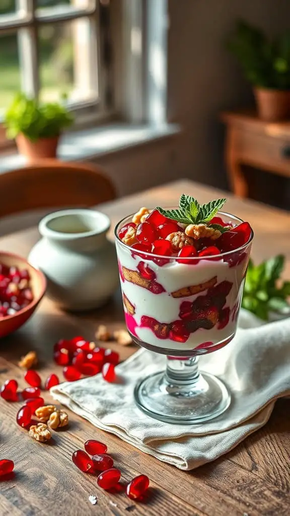 A delicious pomegranate walnut yogurt parfait in a glass with fresh mint.