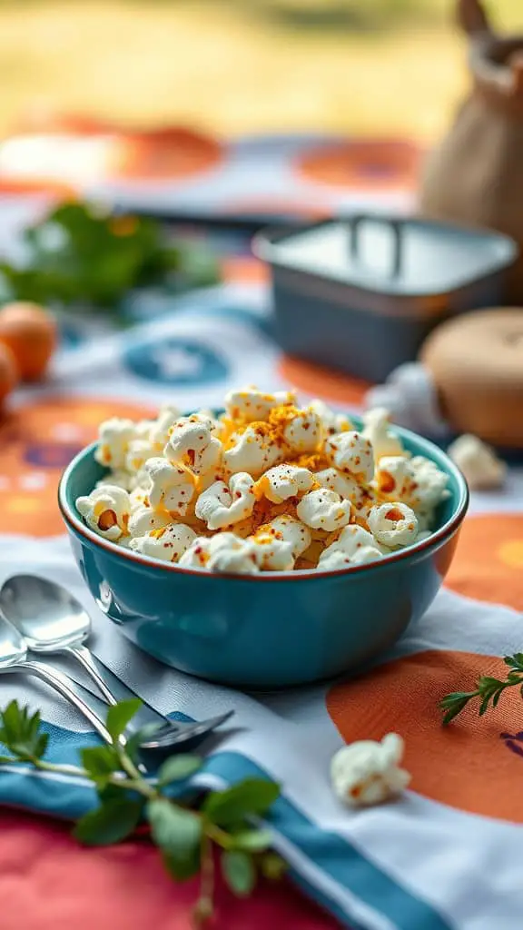A bowl of popcorn sprinkled with nutritional yeast, sitting on a colorful tablecloth.