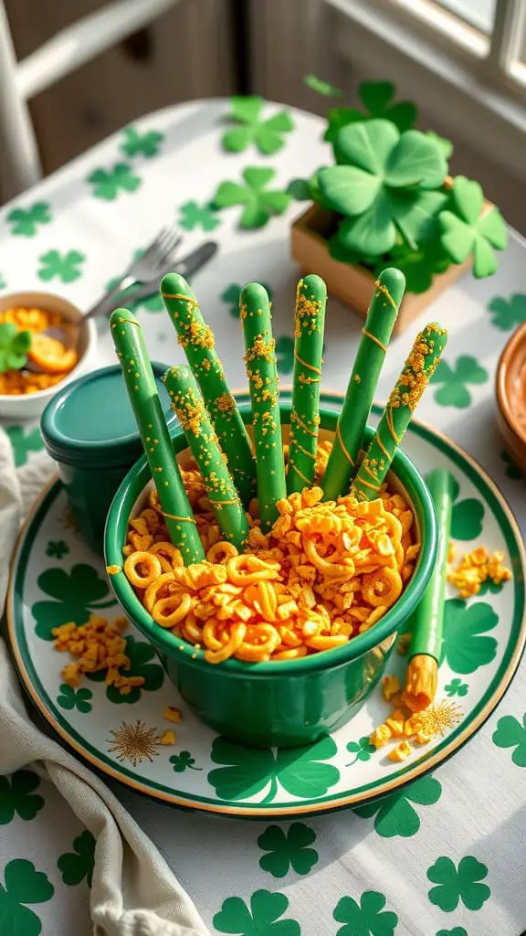 Colorful Pot of Gold Pretzel Rods decorated with sprinkles