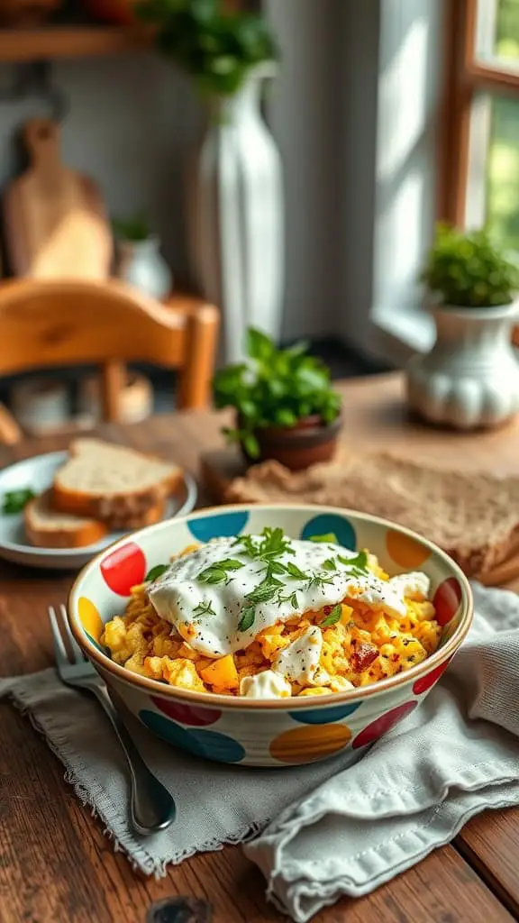 A colorful bowl of scrambled eggs topped with cottage cheese and fresh herbs, served with toast on a wooden table.