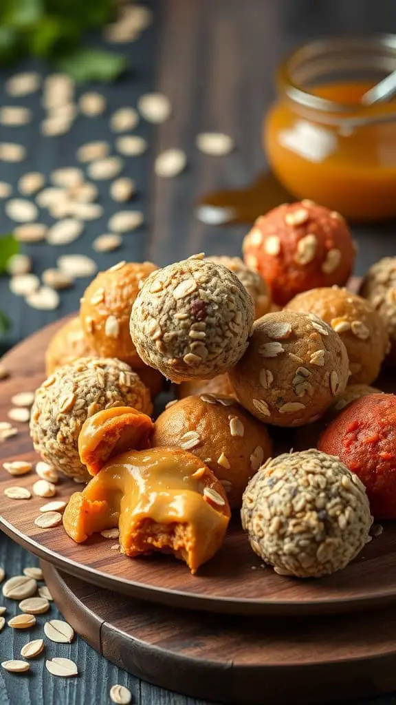 A plate of protein balls made with oats, peanut butter, and honey, showcasing a variety of textures and colors.