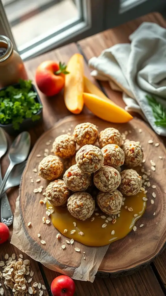 Healthy protein balls made with oats and honey, stacked on a wooden board.