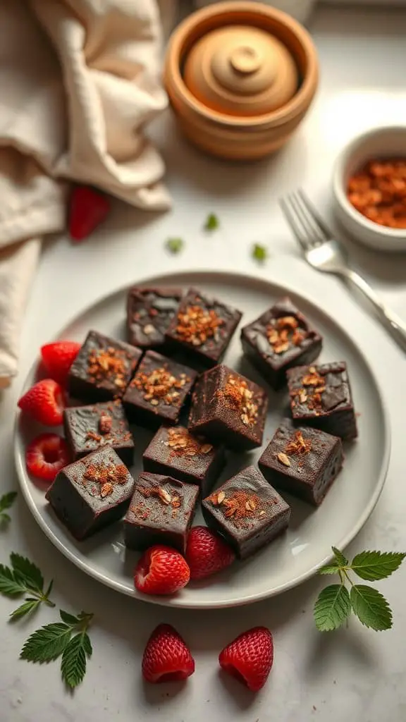 Plate of protein brownie bites with strawberries and garnish