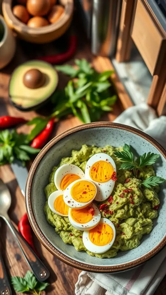 A protein-packed avocado bowl topped with sliced boiled eggs and chili flakes.