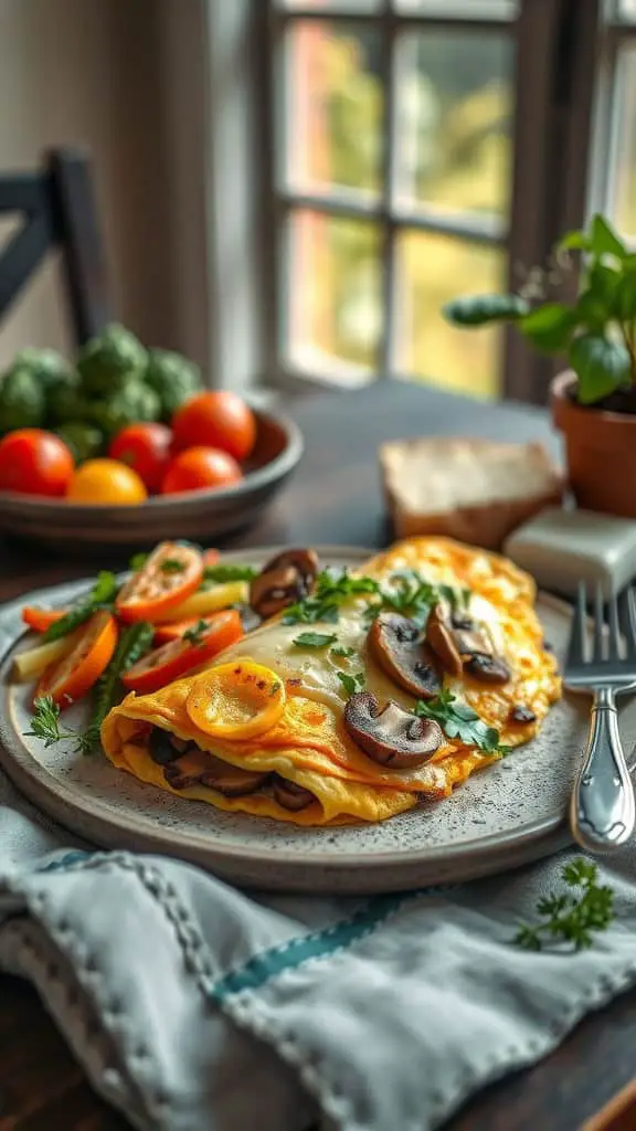 A delicious mushroom omelet with cheese, garnished with fresh herbs and served with tomatoes.