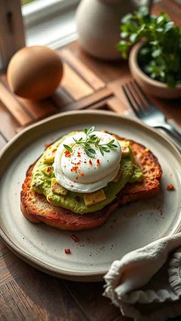 A plate of avocado toast topped with a poached egg and garnished with herbs.