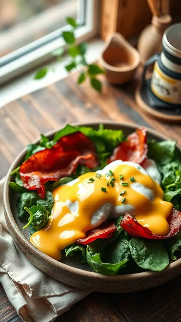 A vibrant salad featuring poached eggs, spinach, and Canadian bacon topped with hollandaise sauce.