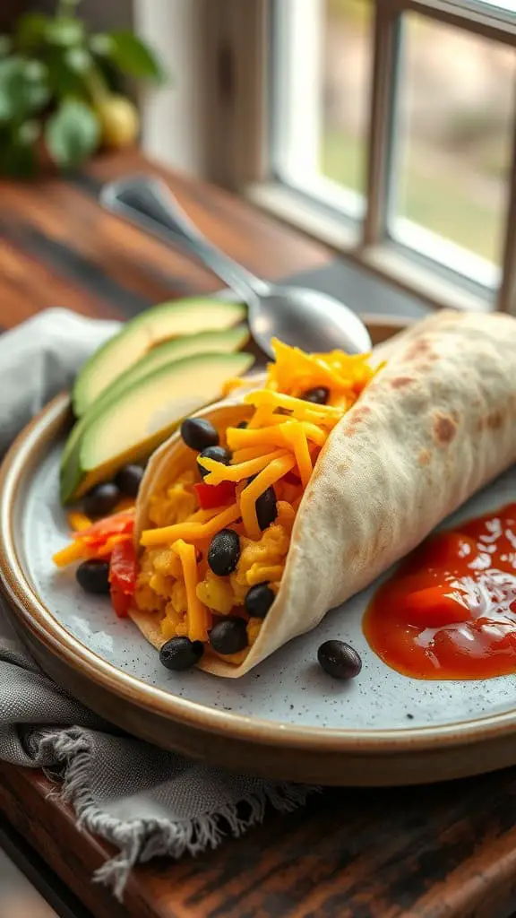 Delicious protein-packed breakfast burrito with scrambled eggs, black beans, and cheese.