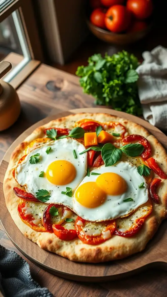 A delicious breakfast pizza topped with scrambled eggs, cheese, and colorful veggies on a flatbread crust.