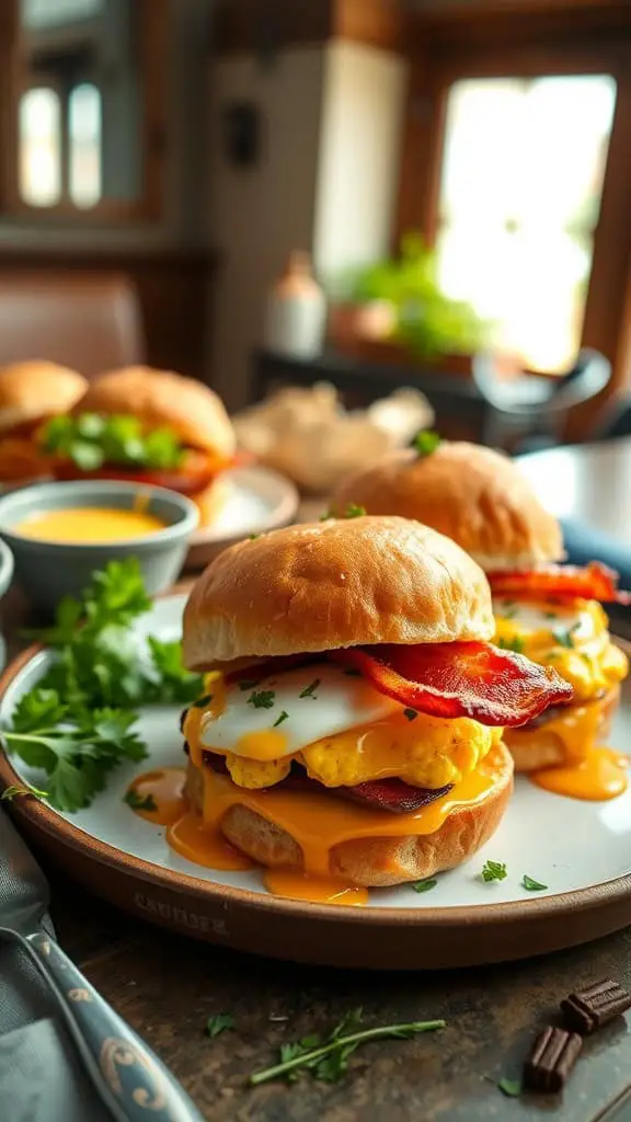 Protein-packed breakfast sliders with scrambled eggs, bacon, and cheddar cheese on mini buns.