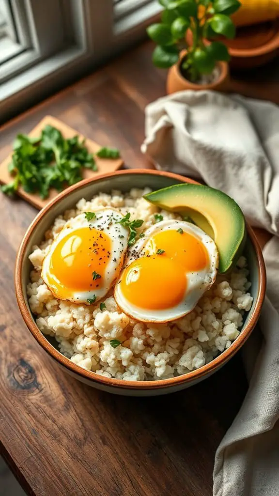 A bowl of cauliflower rice topped with two fried eggs and avocado slices.