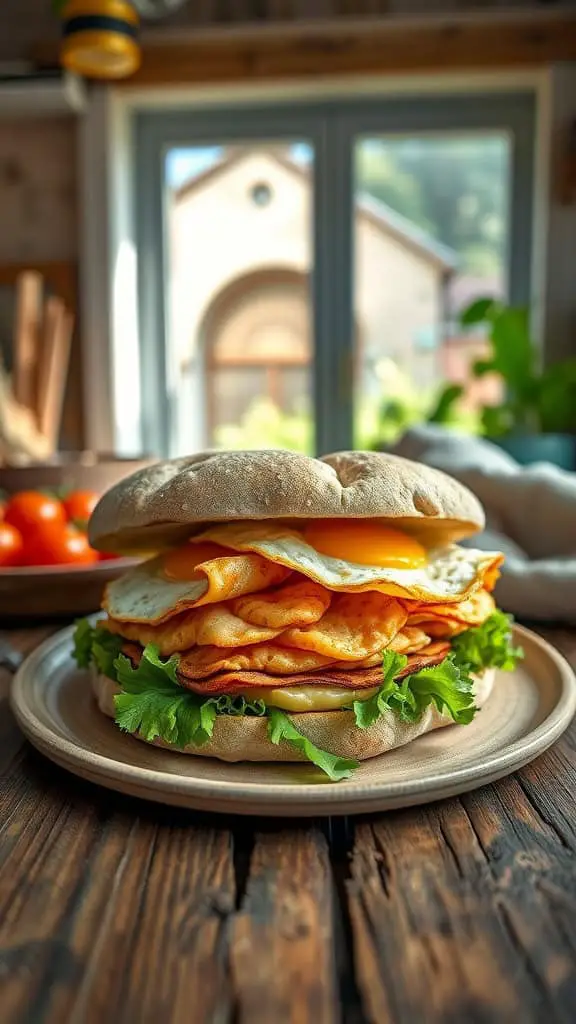 A protein-packed sandwich made with cloud bread, fried eggs, turkey, and lettuce.