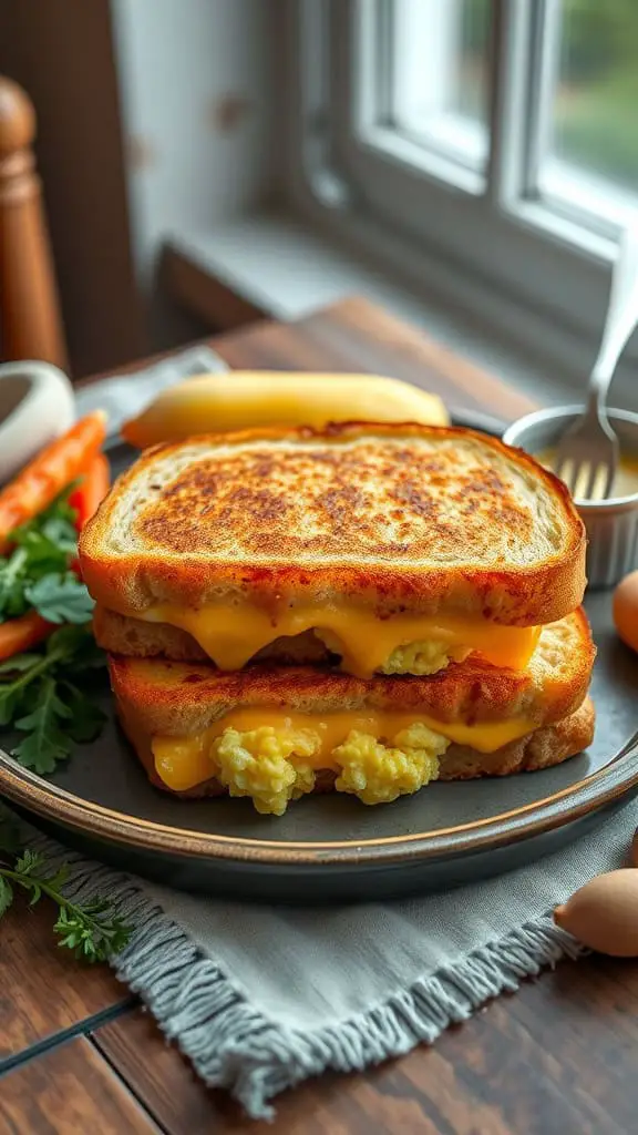 A delicious grilled cheese sandwich with scrambled eggs and melted cheese.