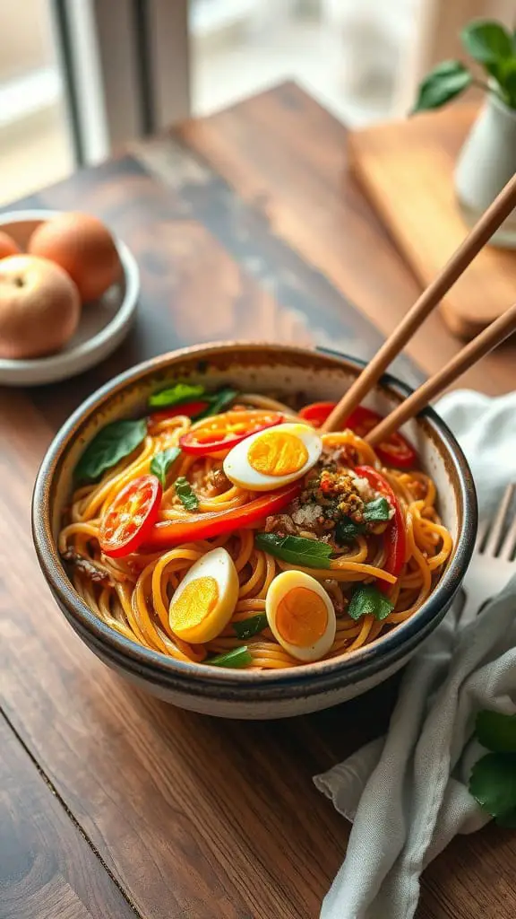 A vibrant bowl of protein-packed egg noodles stir-fry with colorful vegetables.