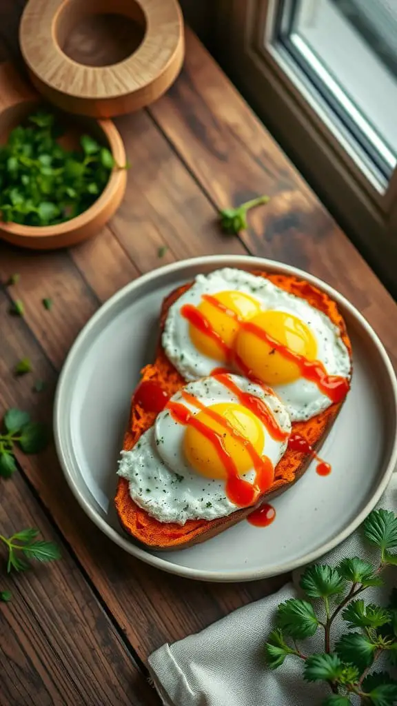 Sweet potato toast topped with fried eggs and hot sauce.