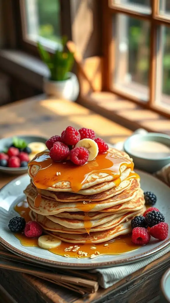 Fluffy protein-packed pancakes stacked with fruits and syrup