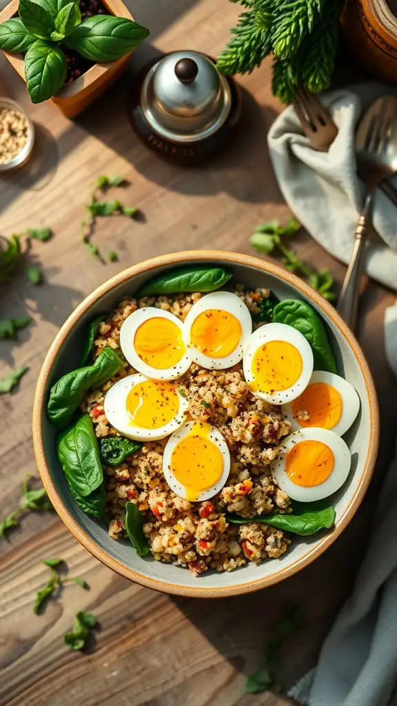 A delicious protein-packed egg power bowl with hard-boiled eggs, quinoa, and sautéed spinach.