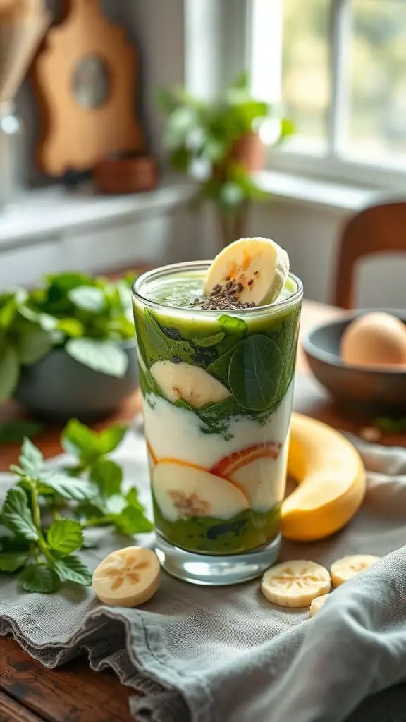 A green smoothie with layers of spinach, banana, and almond milk in a glass.