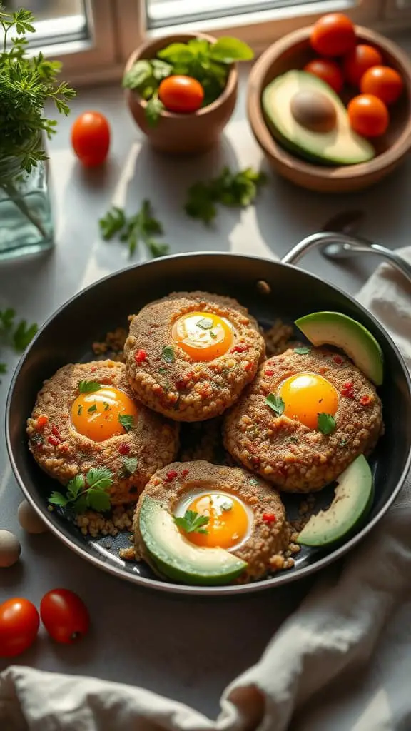 Protein eggs quinoa patties served in a skillet with fresh ingredients