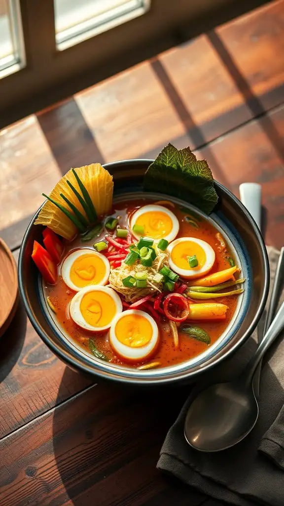 A delicious bowl of ramen topped with soft-boiled eggs and colorful vegetables.