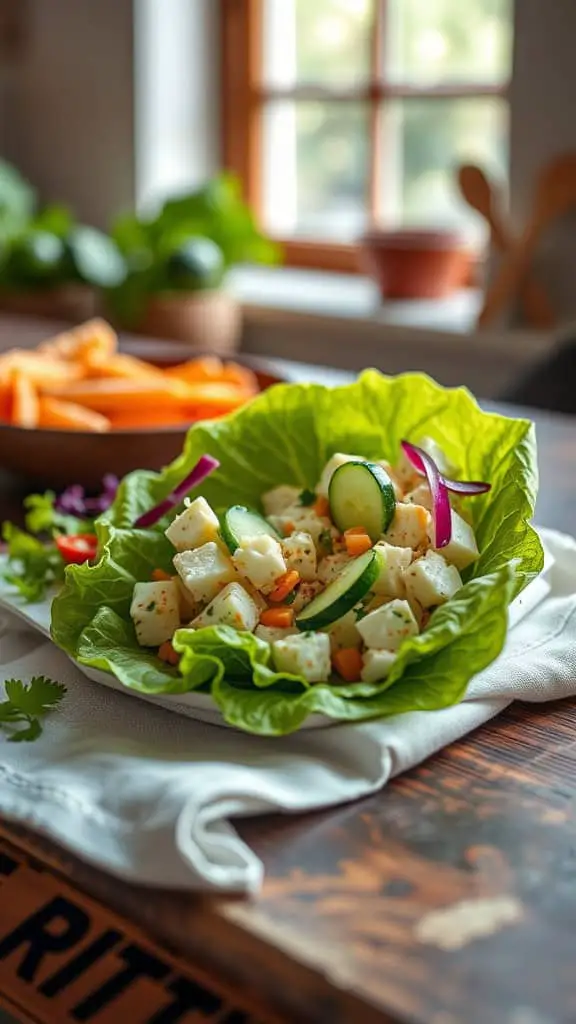 A fresh and healthy protein egg salad wrap with lettuce, egg salad, and cucumber slices.