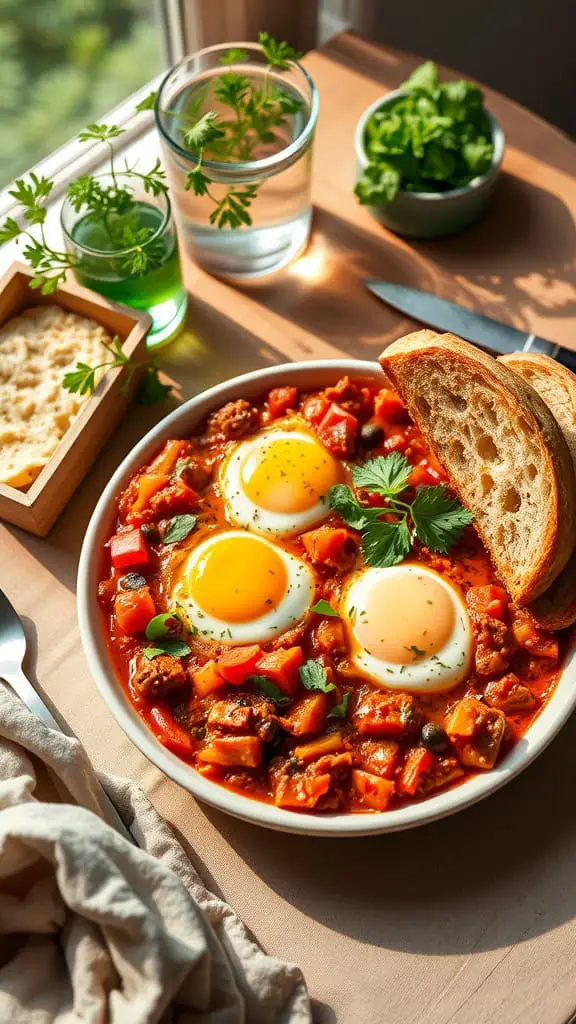 A plate of shakshuka featuring poached eggs in a vibrant tomato and bell pepper sauce, accompanied by bread.