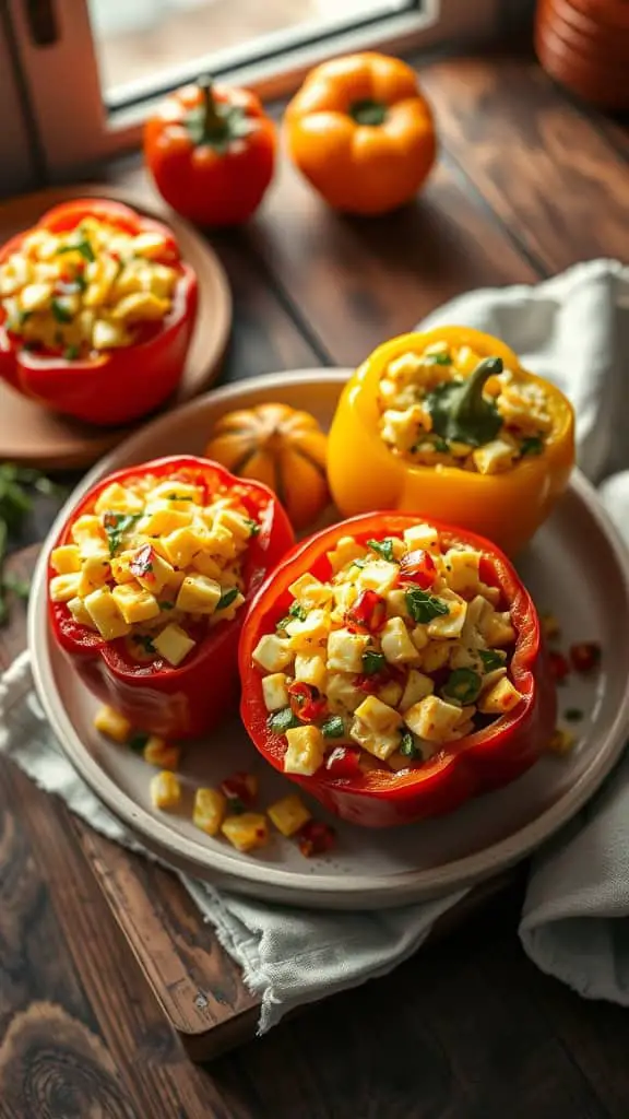 Colorful bell peppers stuffed with scrambled eggs, diced veggies, and cheese.