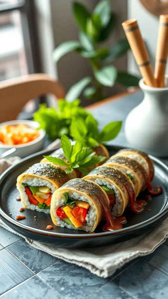 Protein Eggs Sushi Rolls made with thin omelet strips, rice, and colorful veggies