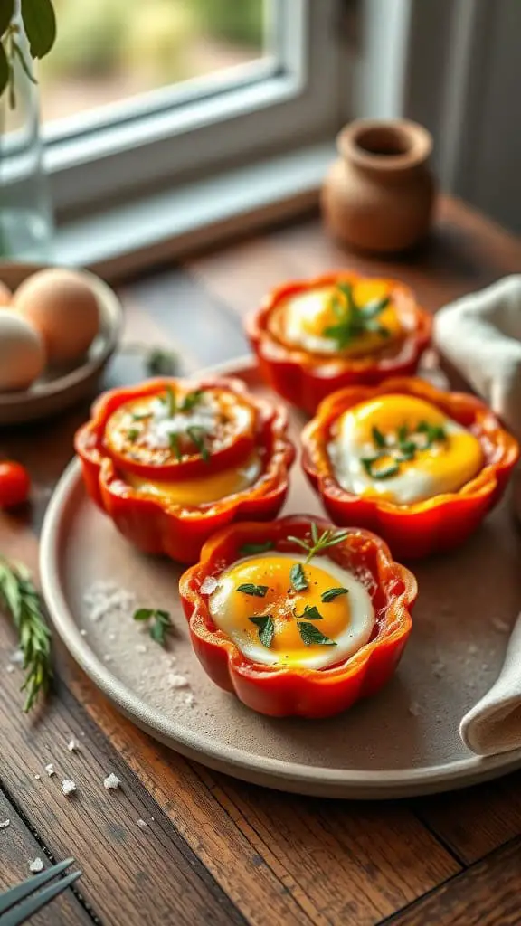 Baked tomato cups filled with eggs and herbs on a plate.