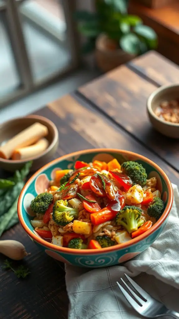 A colorful bowl of Protein Eggs Veggie Stir-Fry with scrambled eggs, bell peppers, and broccoli.