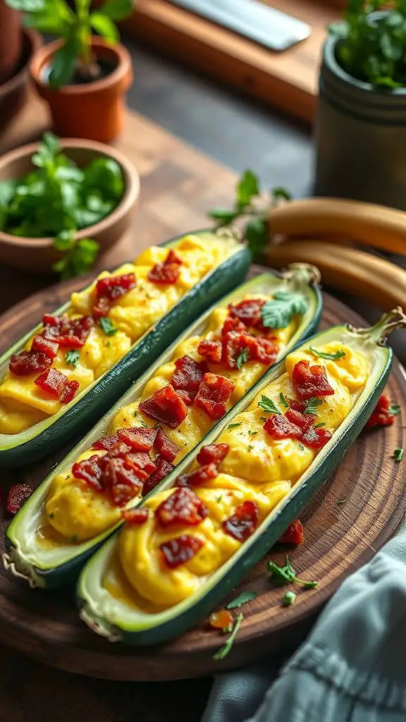 Zucchini boats filled with scrambled eggs and bacon bits, garnished with parsley.