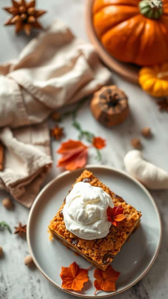 A delicious slice of pumpkin cottage cheese brownie topped with whipped cream and garnished with flowers, perfect for fall.