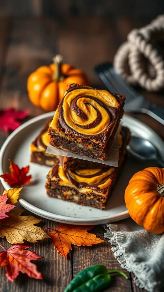 Delicious pumpkin cream cheese brownies on a plate with autumn decorations.