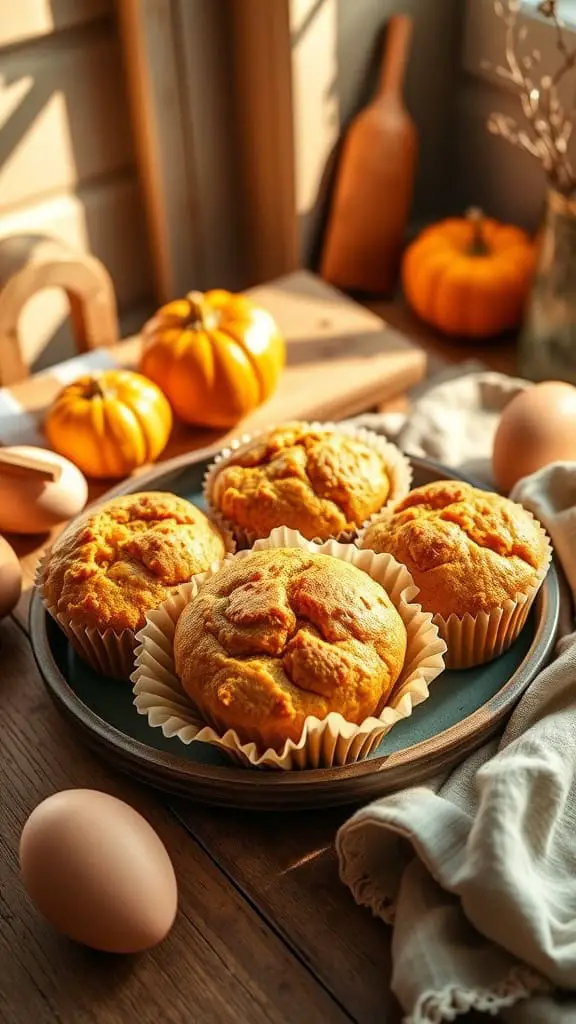 Pumpkin spice egg white muffins on a plate with eggs and pumpkins