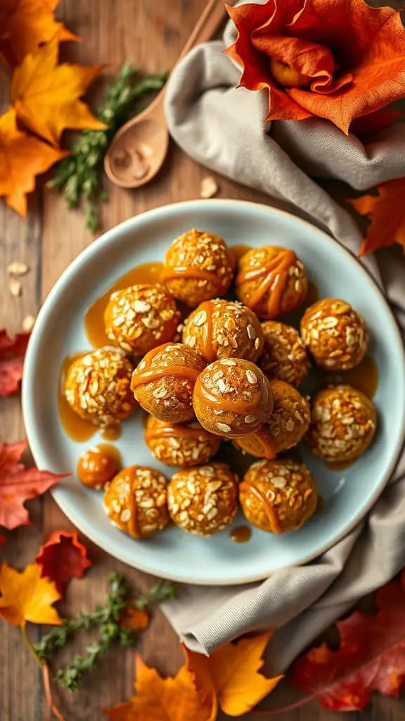 A plate of pumpkin spice energy balls surrounded by autumn leaves.