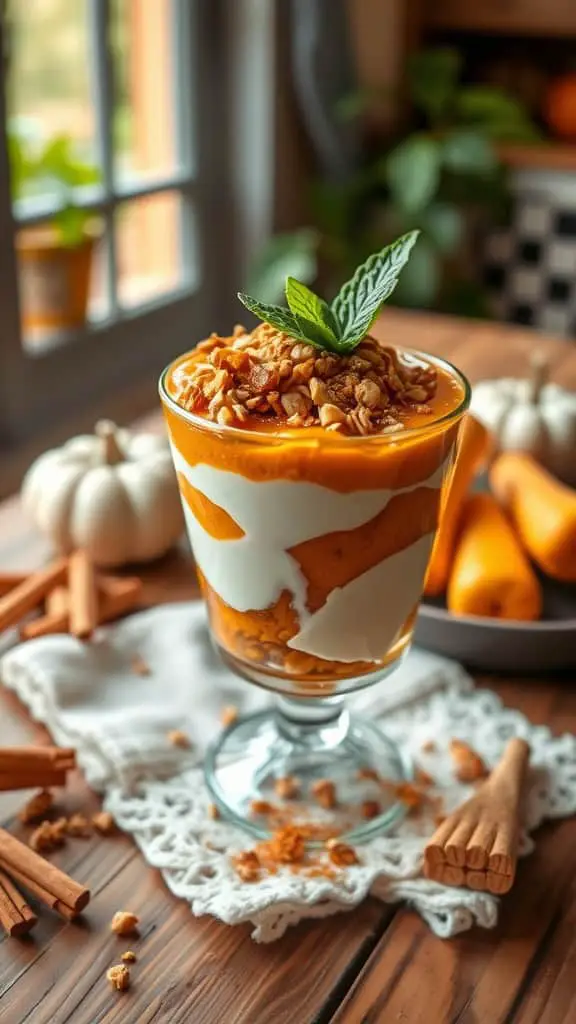 Delicious pumpkin spice parfait with layers of vanilla yogurt, pumpkin puree, and granola, garnished with mint leaves.