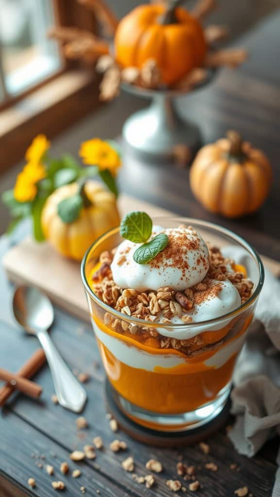 A delicious pumpkin spice yogurt parfait layered with yogurt, pumpkin puree, and granola.