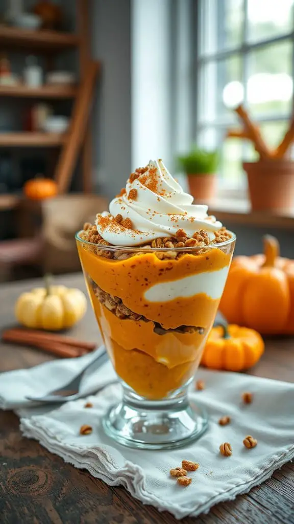 Pumpkin Spice Yogurt Parfait with granola and whipped cream