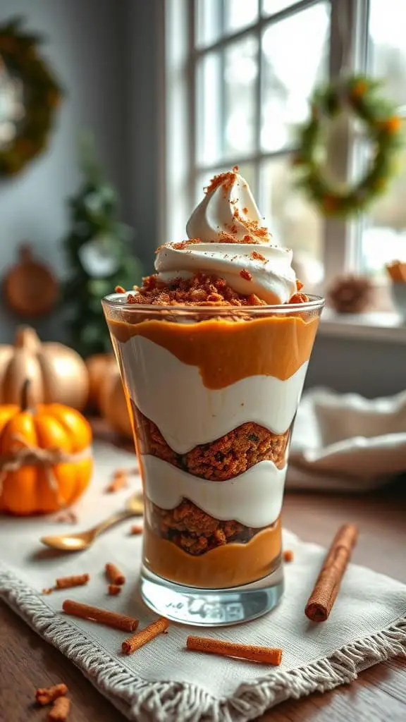 A delicious pumpkin spice parfait with layers of pumpkin yogurt, graham cracker crumbs, and whipped cream, garnished with cinnamon.