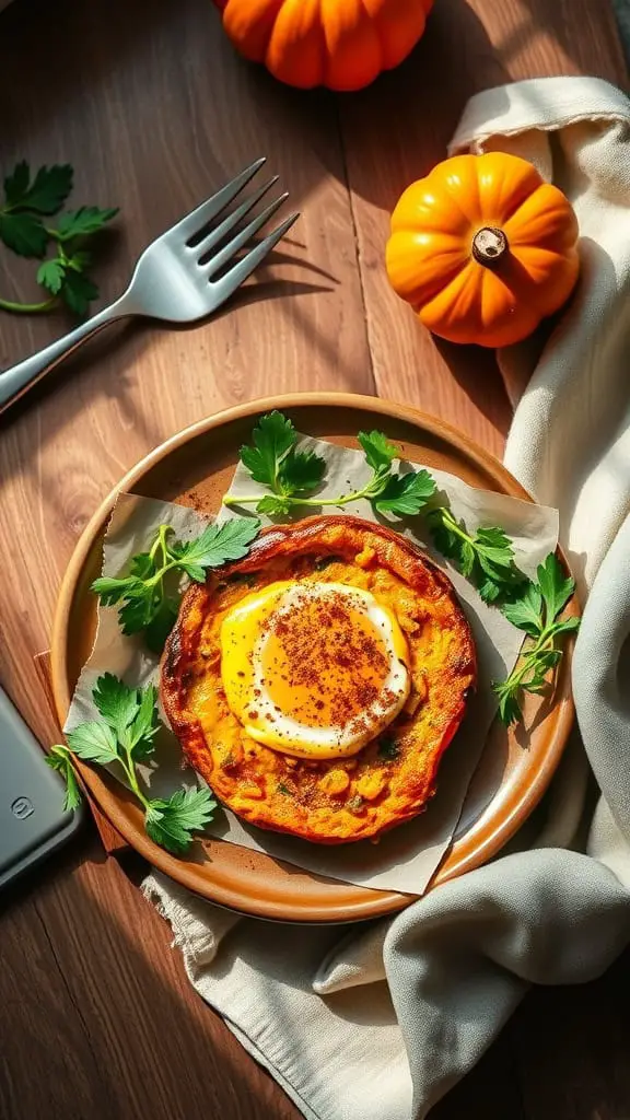 Pumpkin Spice Sausage Egg Muffins on a plate with seasonal decorations