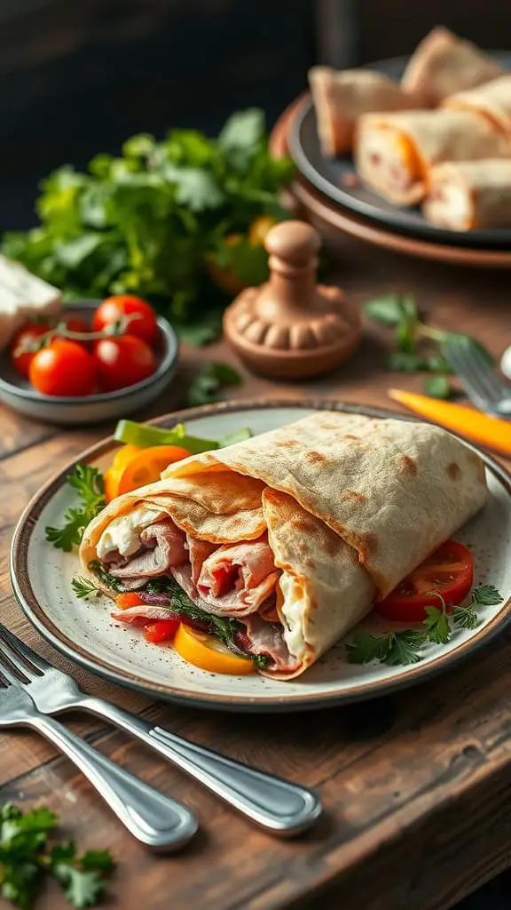 A plate of low carb breakfast wraps filled with deli meat, cream cheese, and fresh vegetables.