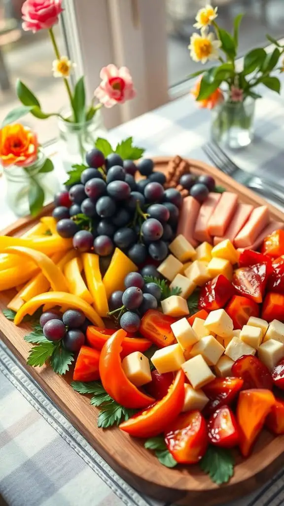 A colorful charcuterie board arranged with bell pepper strips, purple grapes, and cheese cubes in rainbow order.