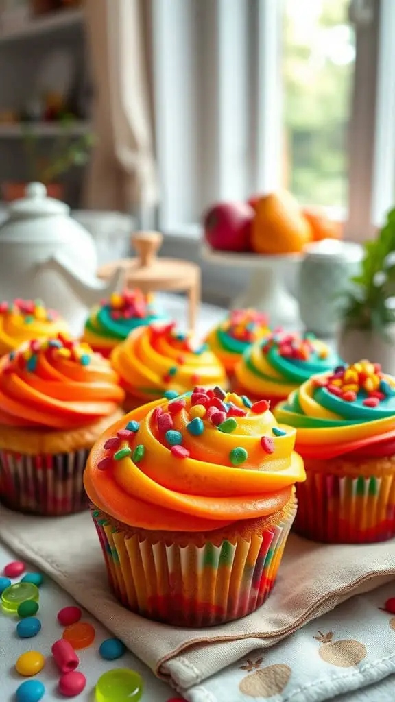 Colorful cupcakes topped with bright frosting and candy sprinkles
