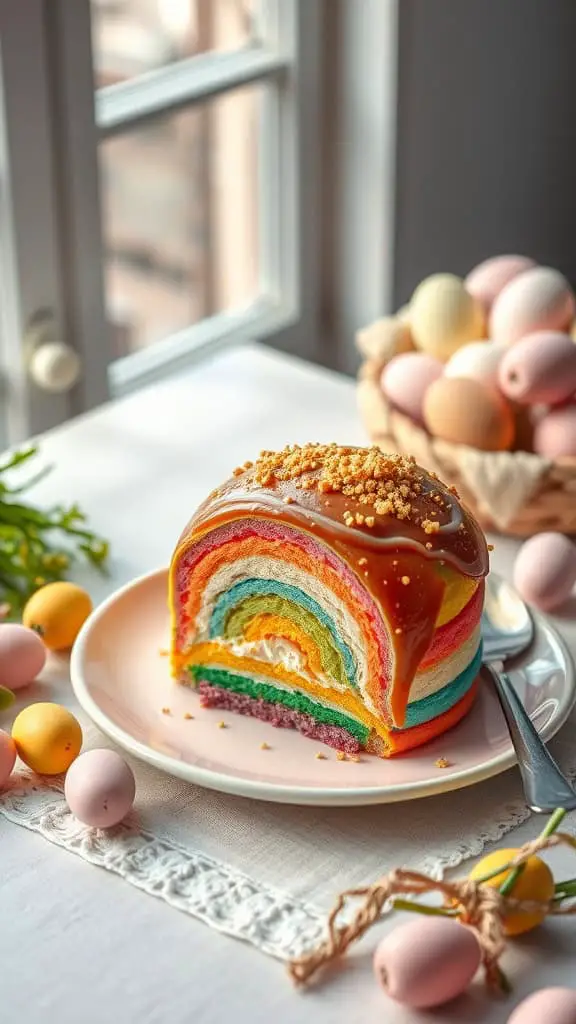 A colorful rainbow cookie cake with layers of vibrant icing and gold sprinkles on top, displayed on a plate.