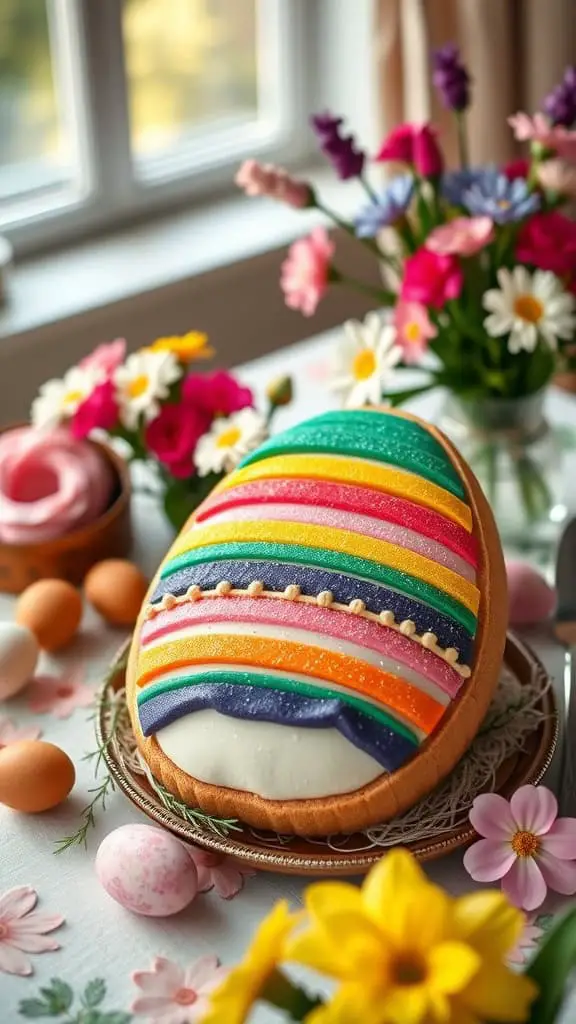 A colorful Rainbow Egg Cookie Cake with vibrant frosting and edible glitter.