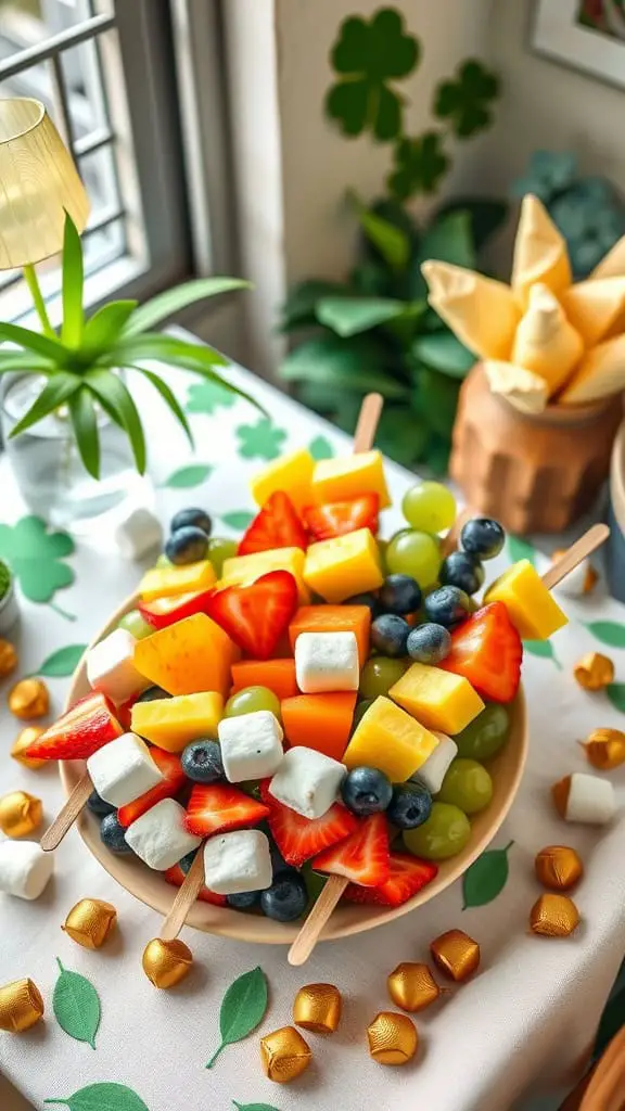 Colorful rainbow fruit skewers with assorted fruits, marshmallows, and gold-wrapped candies.